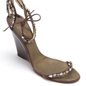 VICINI Wedge Sandal Crystals Heels Shoes Ankle Tie Sz 37